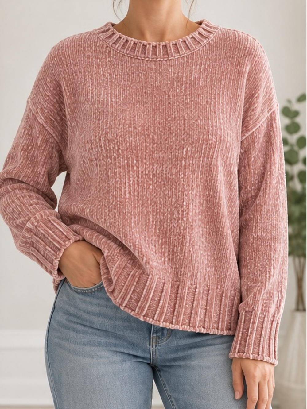 Max Studio Blush Pink Chenille Crewneck Sweater